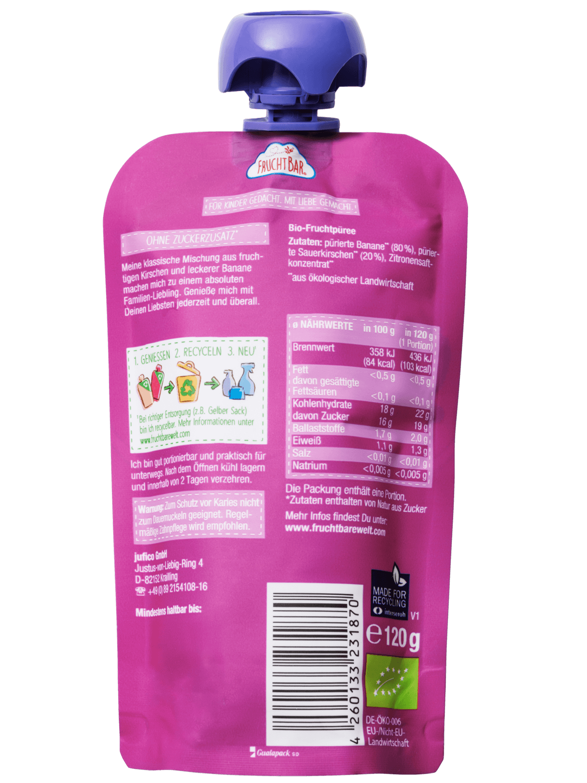 Bio Quetschie Himbeere, Heidelbeere, Traube, Banane, Apfel, Hafer  - FruchtBar - Einzelstück - Rückseite