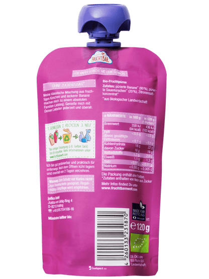 Bio Quetschie Himbeere, Heidelbeere, Traube, Banane, Apfel, Hafer  - FruchtBar - Einzelstück - Rückseite