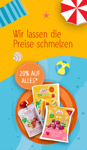 Text "Wir lassen die Preise schmelzen" auf einem Hintergrund, der einen Strand abbildet. In einem Schwimmreifen liegen drei Produkte von FruchtBar und daneben der Text "20% auf alles" in einem orangenen Kreis.
