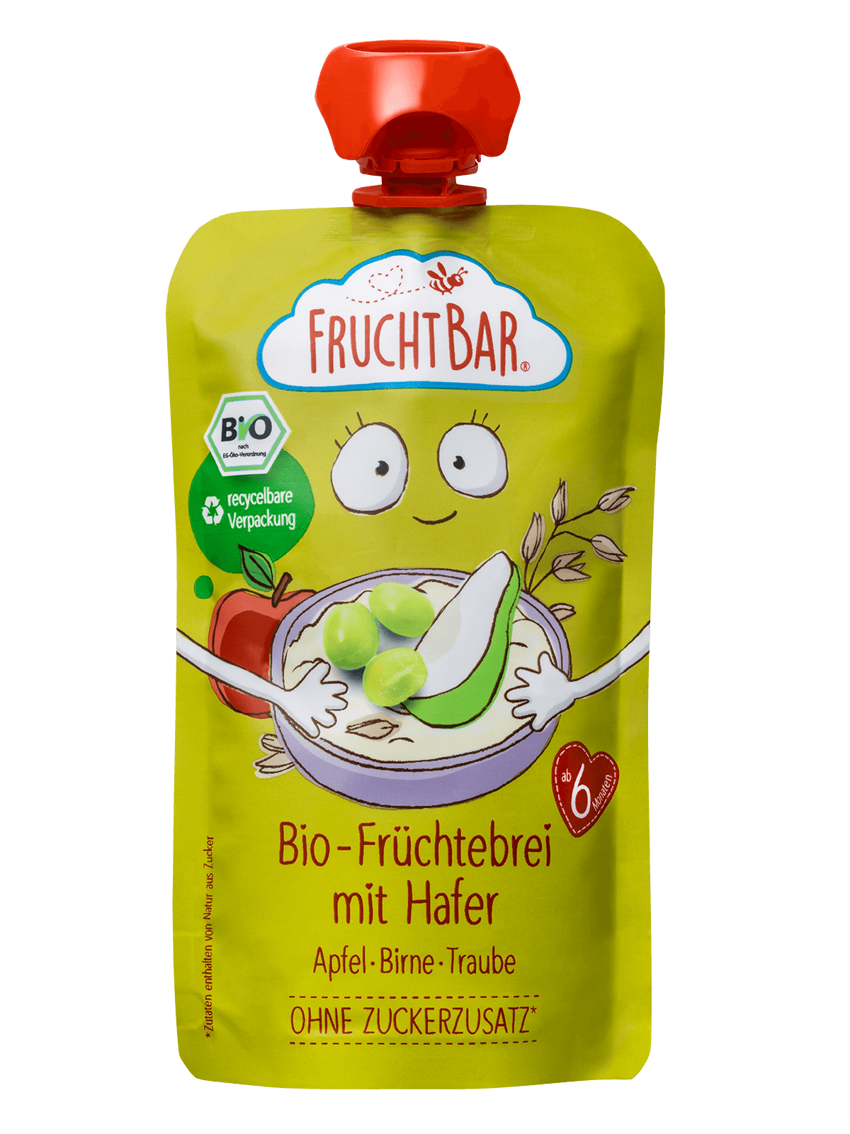 Bio Quetschie Früchte-Haferbrei Apfel, Birne, Traube, 120g - FruchtBar - Einzelstück - Vorderseite