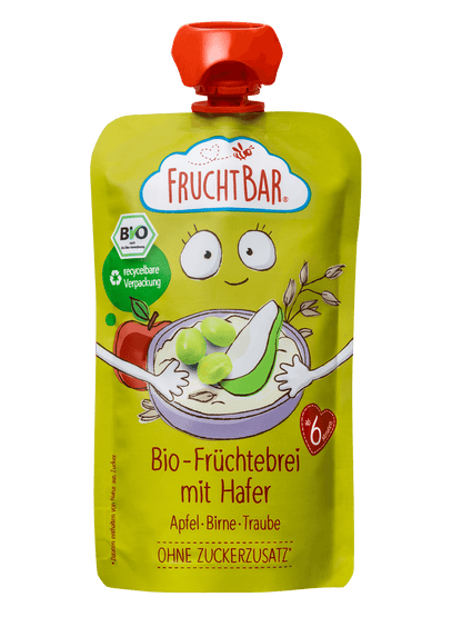 Bio Quetschie Früchte-Haferbrei Apfel, Birne, Traube, 120g - FruchtBar - Einzelstück - Vorderseite