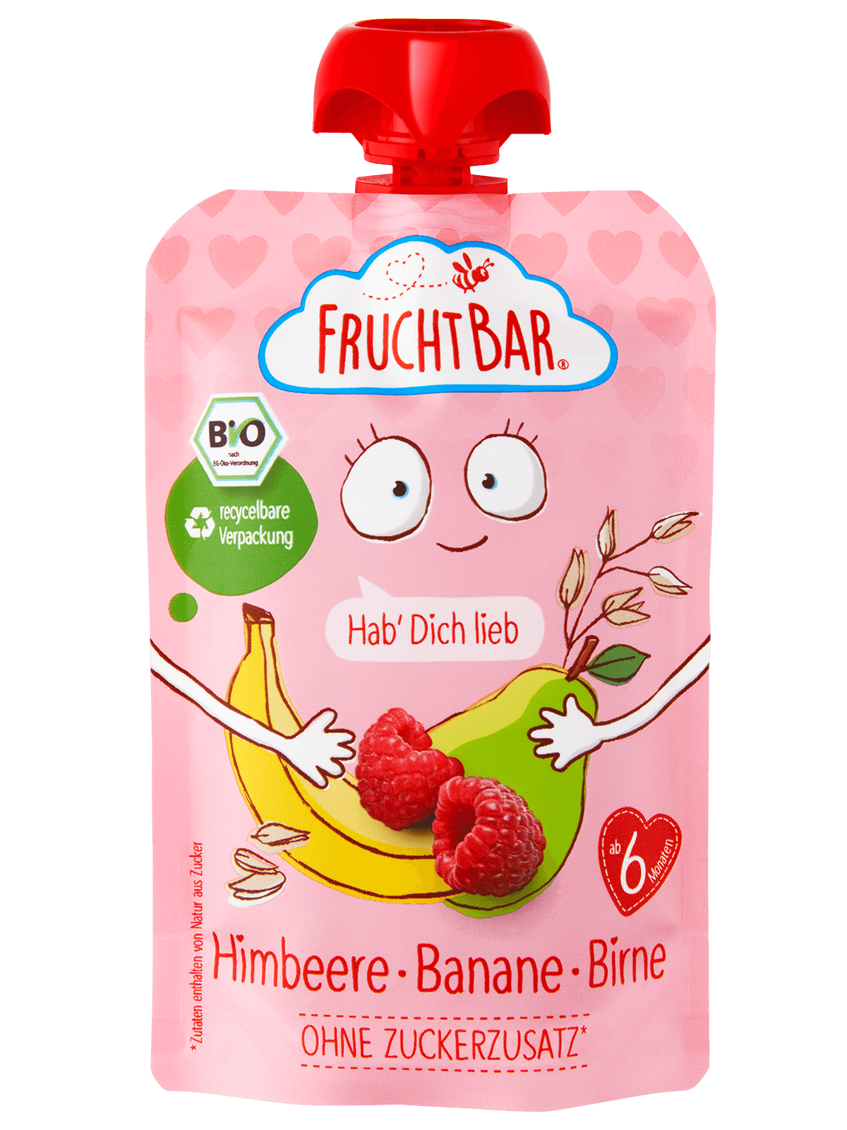 Bio Quetschie Hab Dich lieb - Himbeere, Banane, Birne - FruchtBar - Einzelstück - Vorderseite