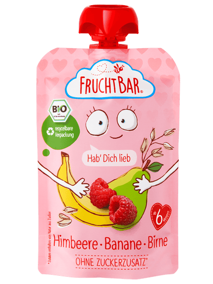 Bio Quetschie Hab Dich lieb - Himbeere, Banane, Birne - FruchtBar - Einzelstück - Vorderseite