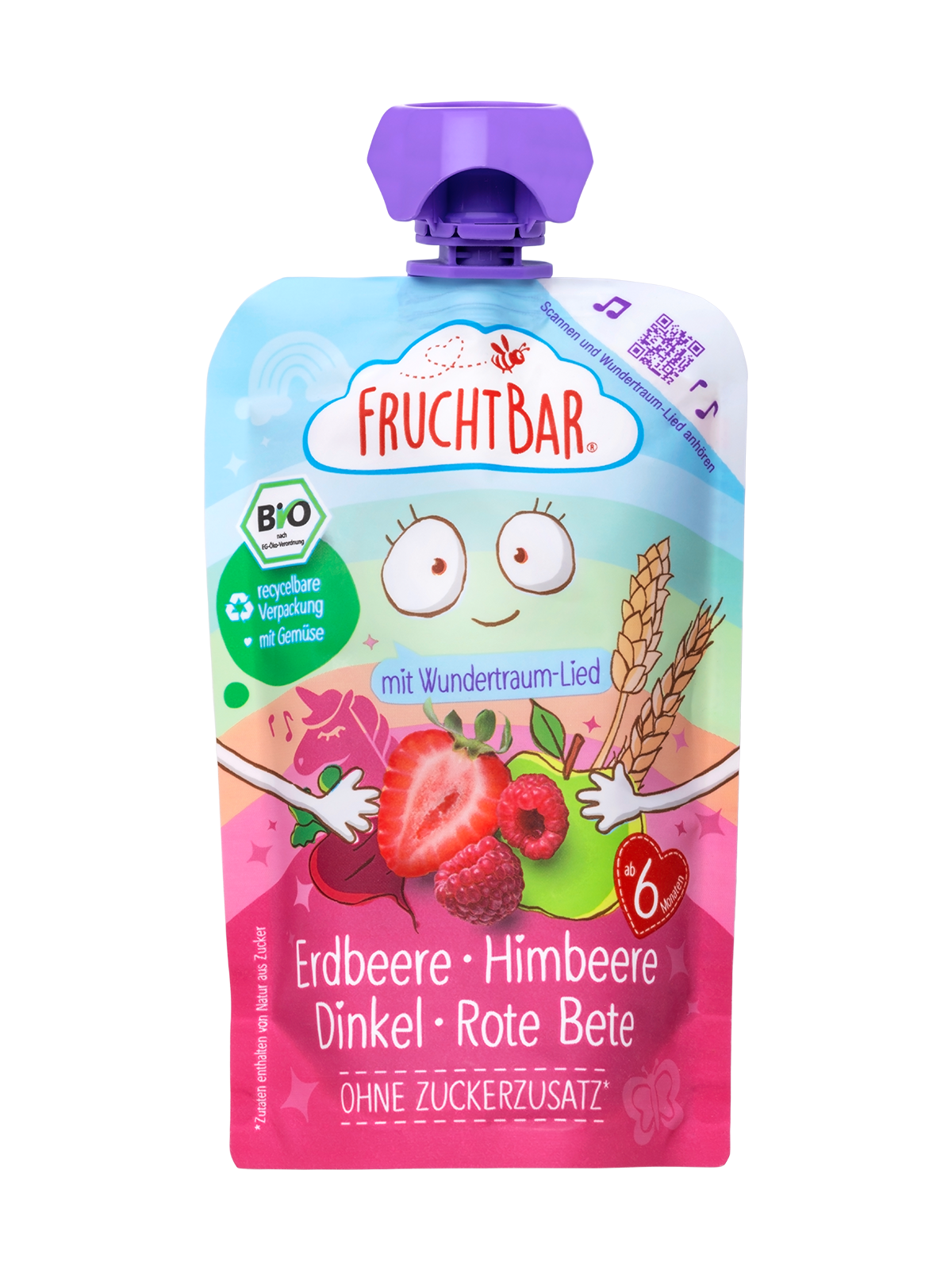 Bio Quetschie Erdbeere, Himbeere, Dinkel, Rote Bete - FruchtBar - Einzelstück - Vorderseite