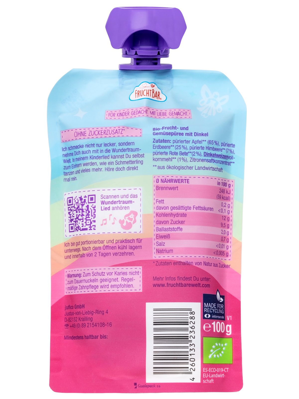 Bio Quetschie Erdbeere, Himbeere, Dinkel, Rote Bete - FruchtBar - Einzelstück - Rückseite