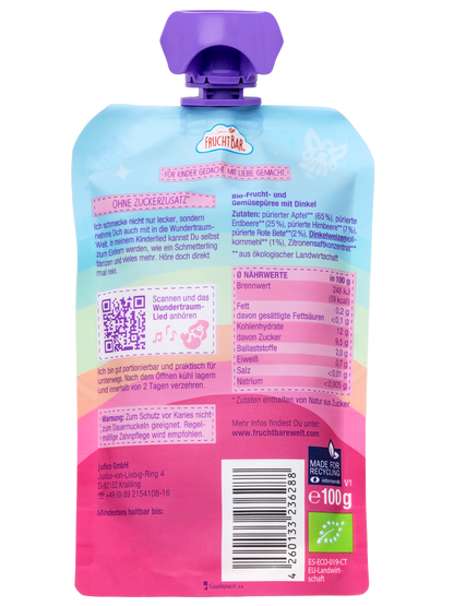 Bio Quetschie Erdbeere, Himbeere, Dinkel, Rote Bete - FruchtBar - Einzelstück - Rückseite