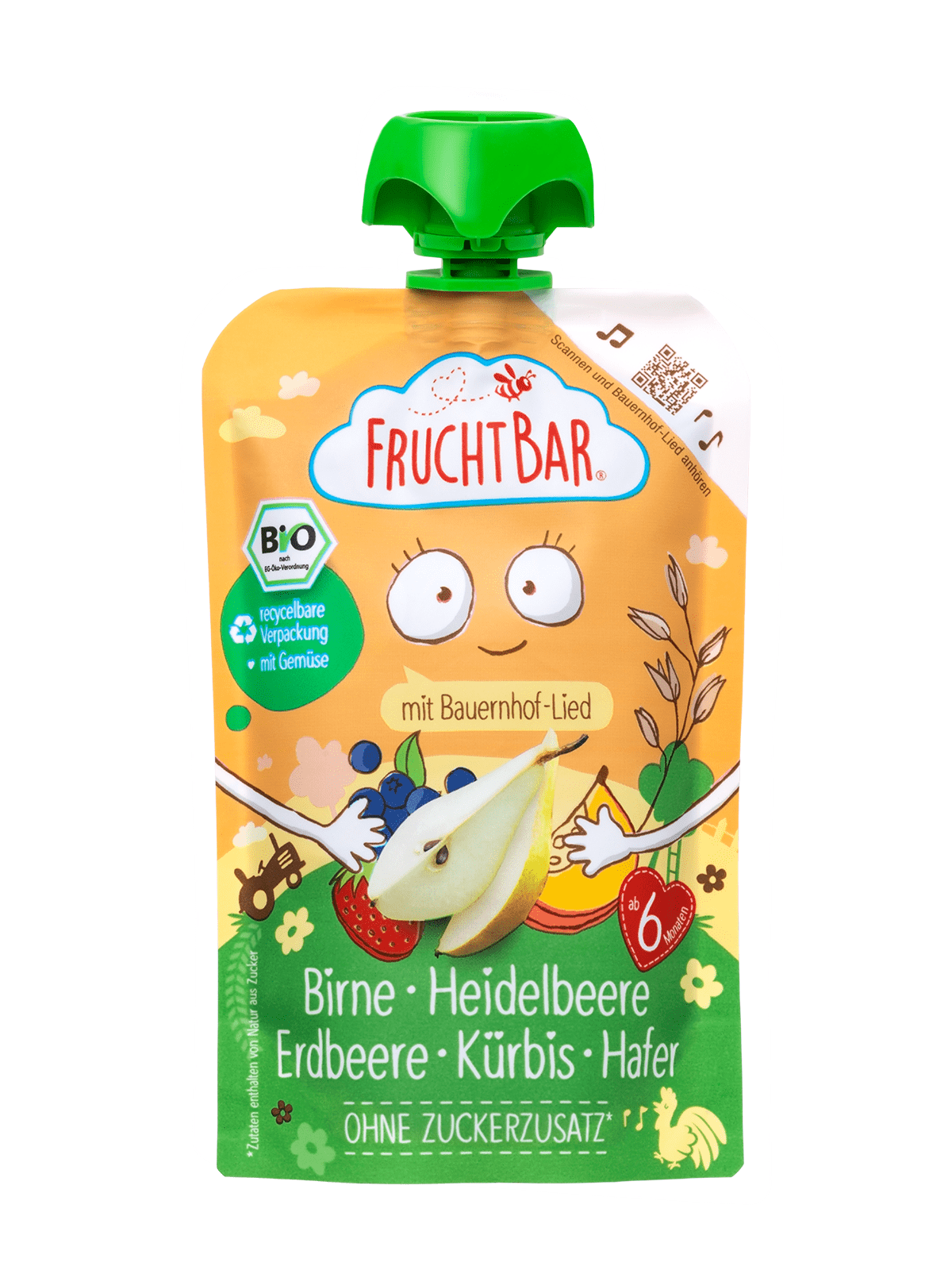 Bio Quetschie Birne, Heidelbeere, Erdbeere, Kürbis, Hafer - FruchtBar - Einzelstück - Vorderseite