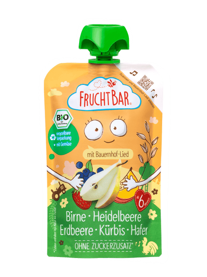 Bio Quetschie Birne, Heidelbeere, Erdbeere, Kürbis, Hafer - FruchtBar - Einzelstück - Vorderseite