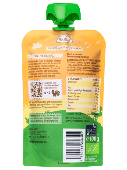 Bio Quetschie Birne, Heidelbeere, Erdbeere, Kürbis, Hafer - FruchtBar - Einzelstück - Rückseite