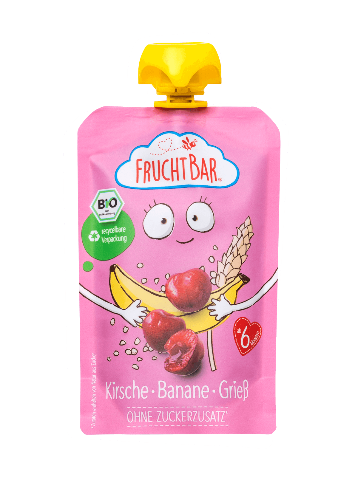 Bio Quetschie Himbeere, Heidelbeere, Traube, Banane, Apfel, Hafer  - FruchtBar - Einzelstück - Vorderseite