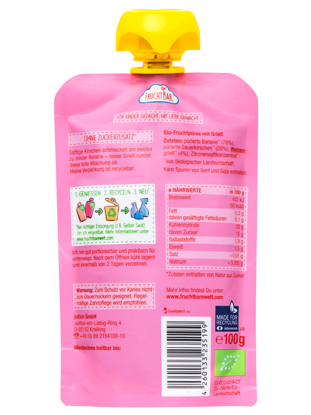 Bio Quetschie Kirsche, Banane, Grieß - FruchtBar - Einzelstück - Rückseite