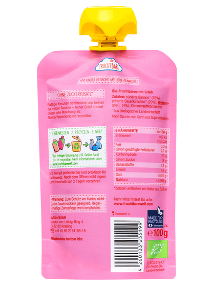 Bio Quetschie Kirsche, Banane, Grieß - FruchtBar - Einzelstück - Rückseite