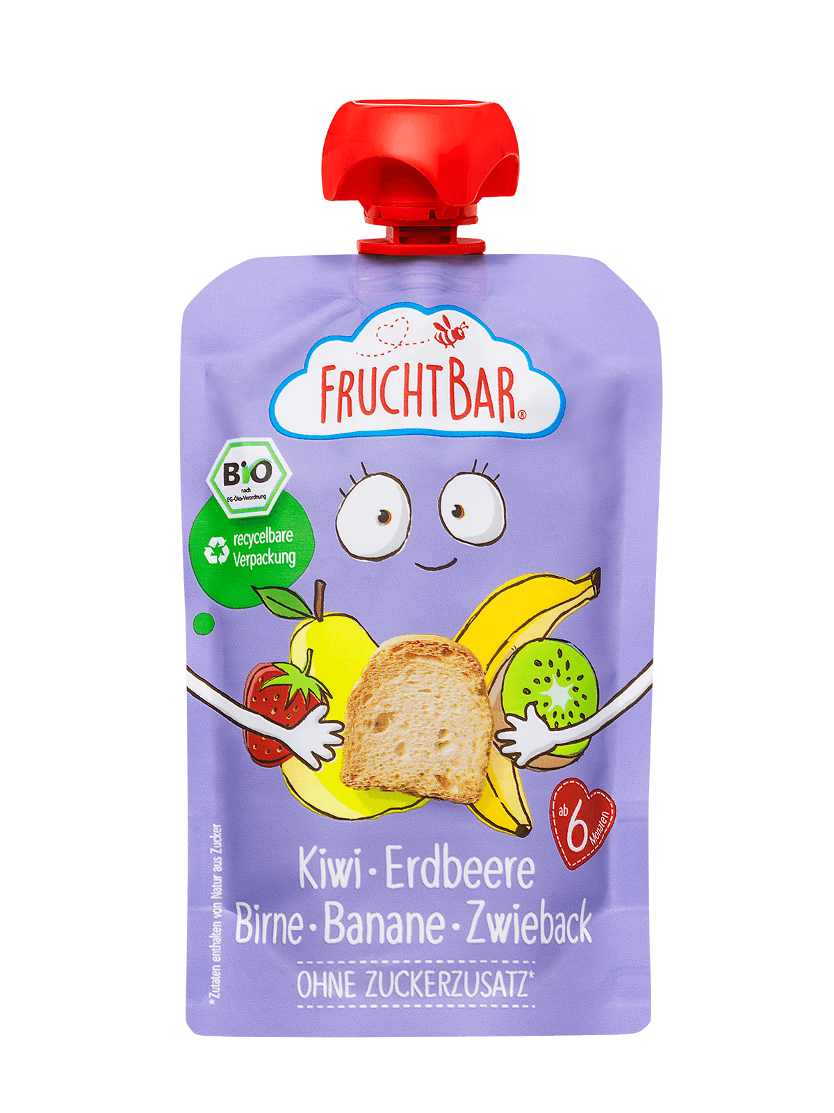 Bio Quetschie Kiwi, Erdbeere, Birne, Banane, Zwieback - FruchtBar - Einzelstück - Vorderseite