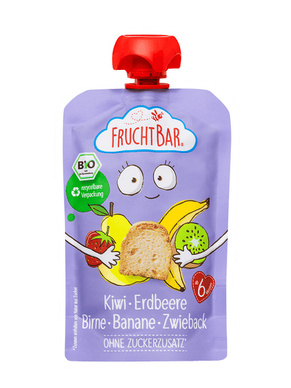 Bio Quetschie Kiwi, Erdbeere, Birne, Banane, Zwieback - FruchtBar - Einzelstück - Vorderseite
