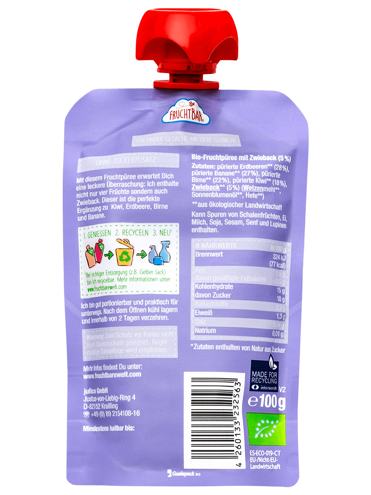 Bio Quetschie Kiwi, Erdbeere, Birne, Banane, Zwieback - FruchtBar - Einzelstück - Rückseite