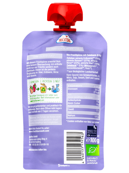 Bio Quetschie Kiwi, Erdbeere, Birne, Banane, Zwieback - FruchtBar - Einzelstück - Rückseite