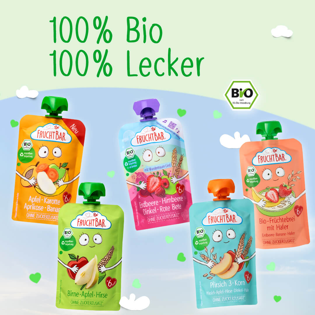 5 verschiedene FruchtBar Quetschies vor hellblauem Hintergrund. Bild Überschrift: 100% Bio 100% Lecker