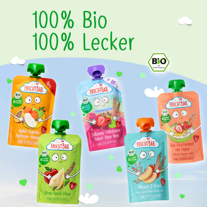 5 verschiedene FruchtBar Quetschies vor hellblauem Hintergrund. Bild Überschrift: 100% Bio 100% Lecker