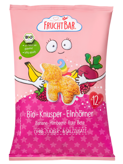 Bio-Knusper-Einhörner mit Banane, Himbeere und Rote Bete - ab 12 Monaten.