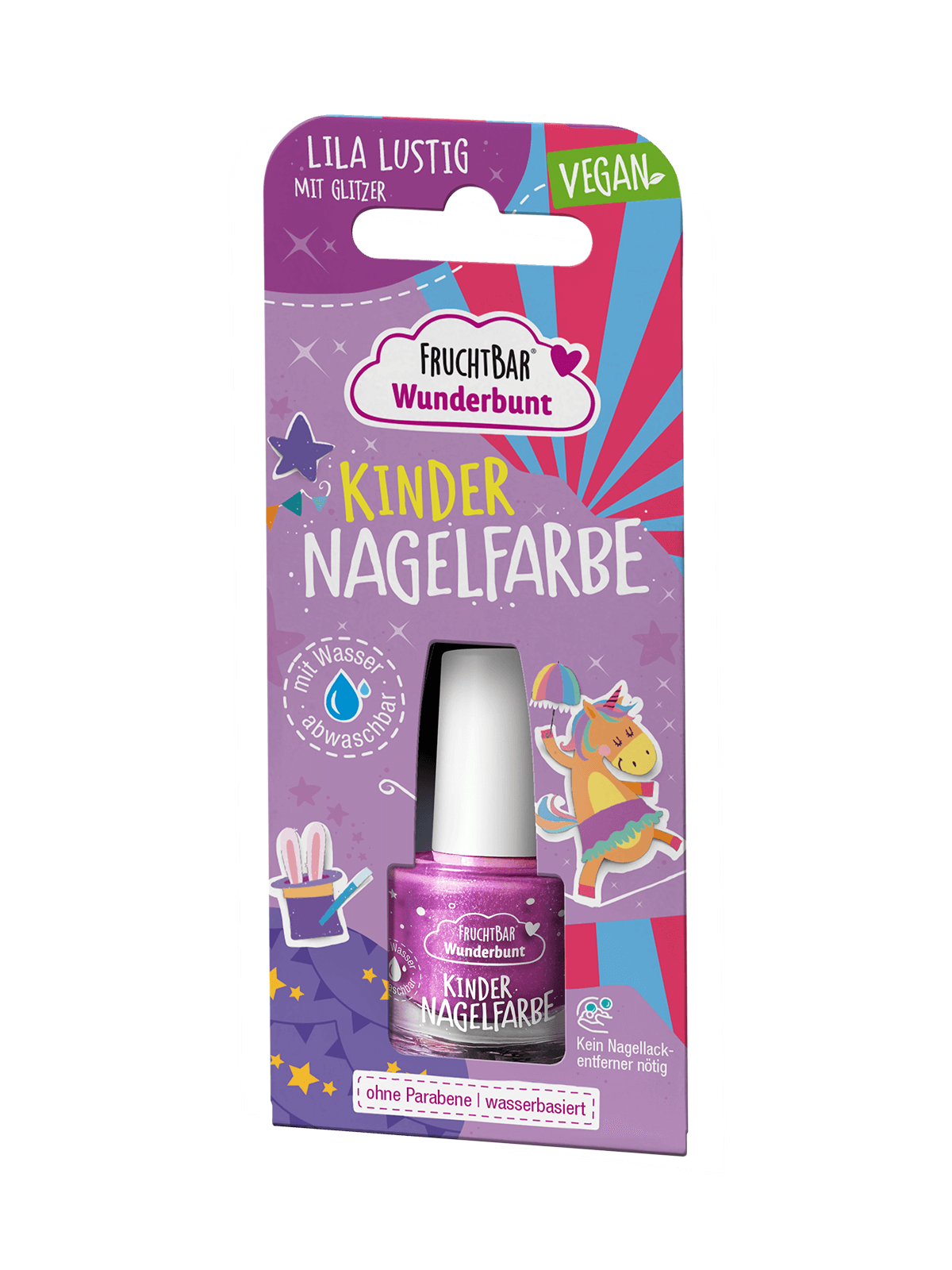 Kinder Nagelfarbe Lila Lustig mit Glitzer - FruchtBar Wunderbunt - Einzelstück - Vorderseite