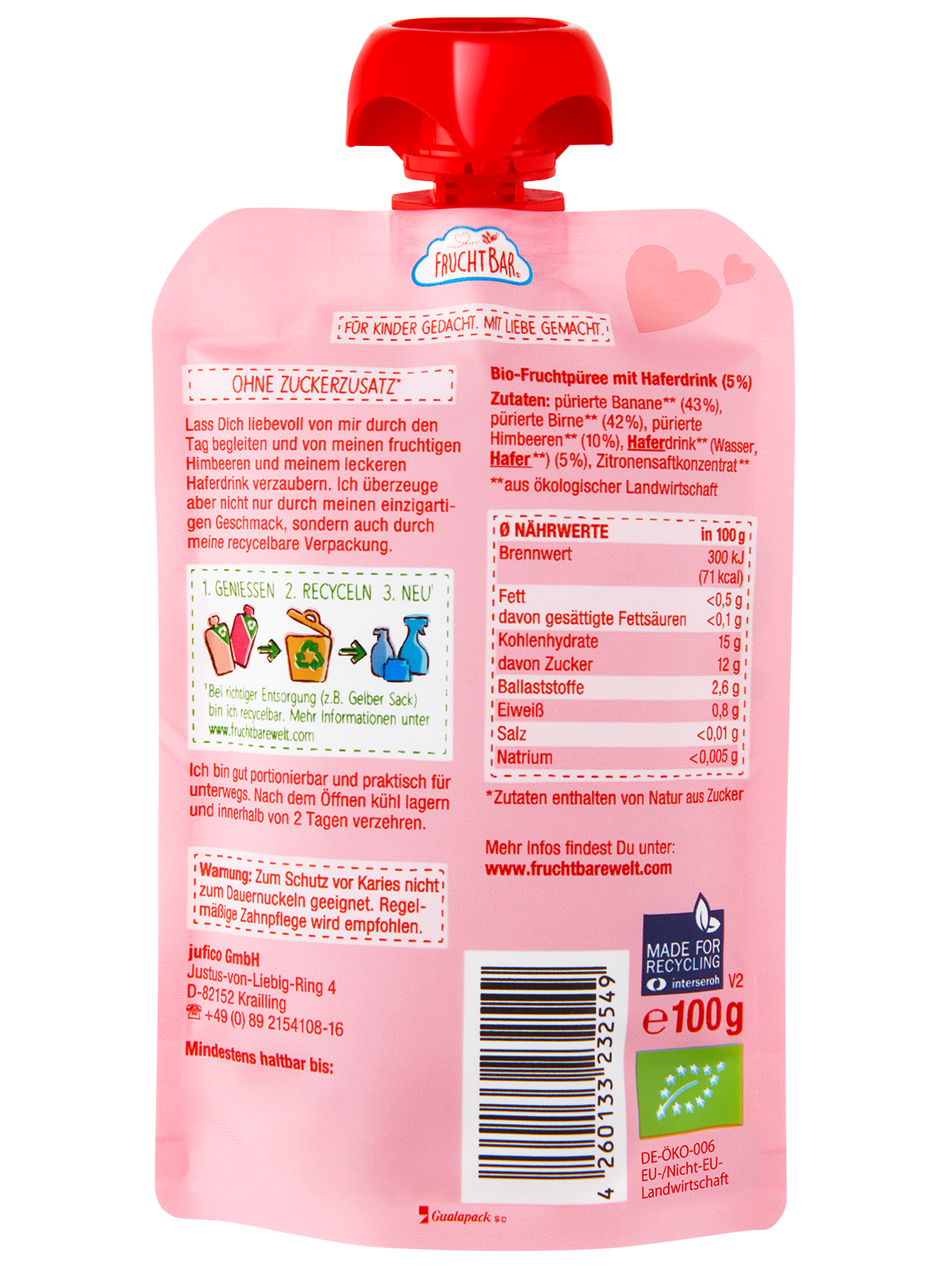 Bio Quetschie Hab Dich lieb - Himbeere, Banane, Birne - FruchtBar - Einzelstück - Rückseite