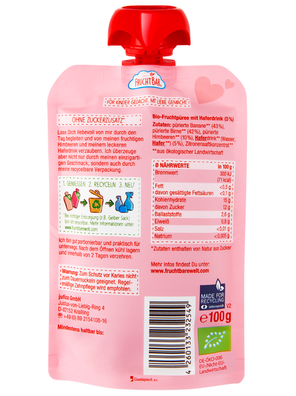 Bio Quetschie Hab Dich lieb - Himbeere, Banane, Birne - FruchtBar - Einzelstück - Rückseite