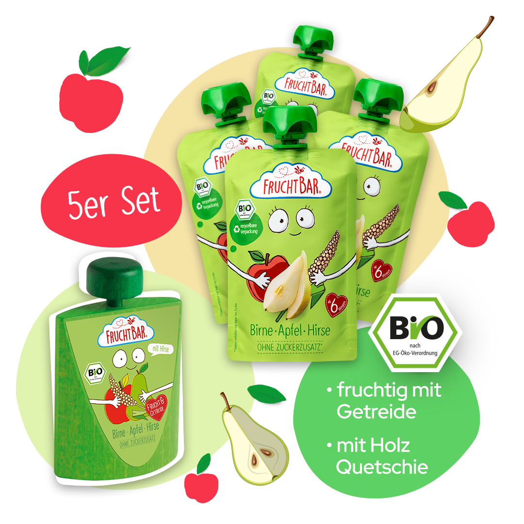Bio Quetschie Birne Apfel Hirse mit Erzi Holzquetschie - FruchtBar - Moodbild 1