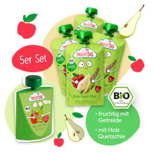 Bio Quetschie Birne Apfel Hirse mit Erzi Holzquetschie - FruchtBar - Moodbild 1