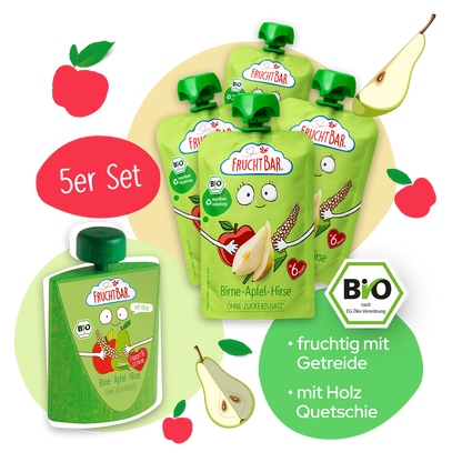 Bio Quetschie Birne Apfel Hirse mit Erzi Holzquetschie - FruchtBar - Moodbild 1