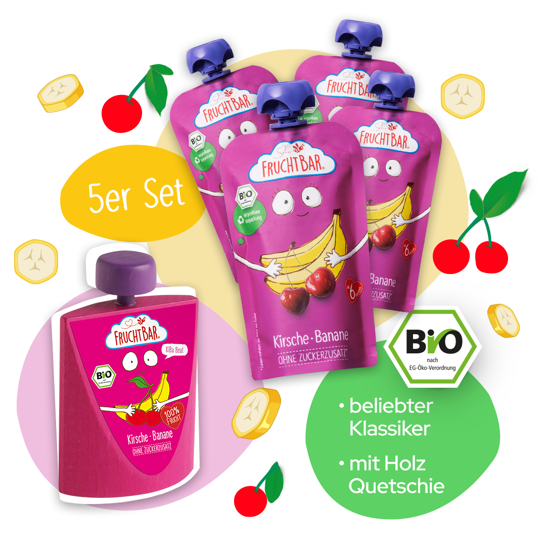 Bio Quetschie KiBa Beat Kirsche Banane mit Erzi Holzquetschie - FruchtBar - 5er Vorratspack - Vorderseite