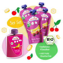 Bio Quetschie KiBa Beat Kirsche Banane mit Erzi Holzquetschie - FruchtBar - 5er Vorratspack - Vorderseite