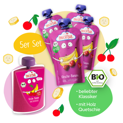 Bio Quetschie KiBa Beat Kirsche Banane mit Erzi Holzquetschie - FruchtBar - 5er Vorratspack - Vorderseite