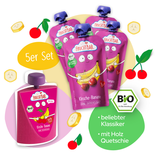 Bio Quetschie KiBa Beat Kirsche Banane mit Erzi Holzquetschie - FruchtBar - 5er Vorratspack - Vorderseite