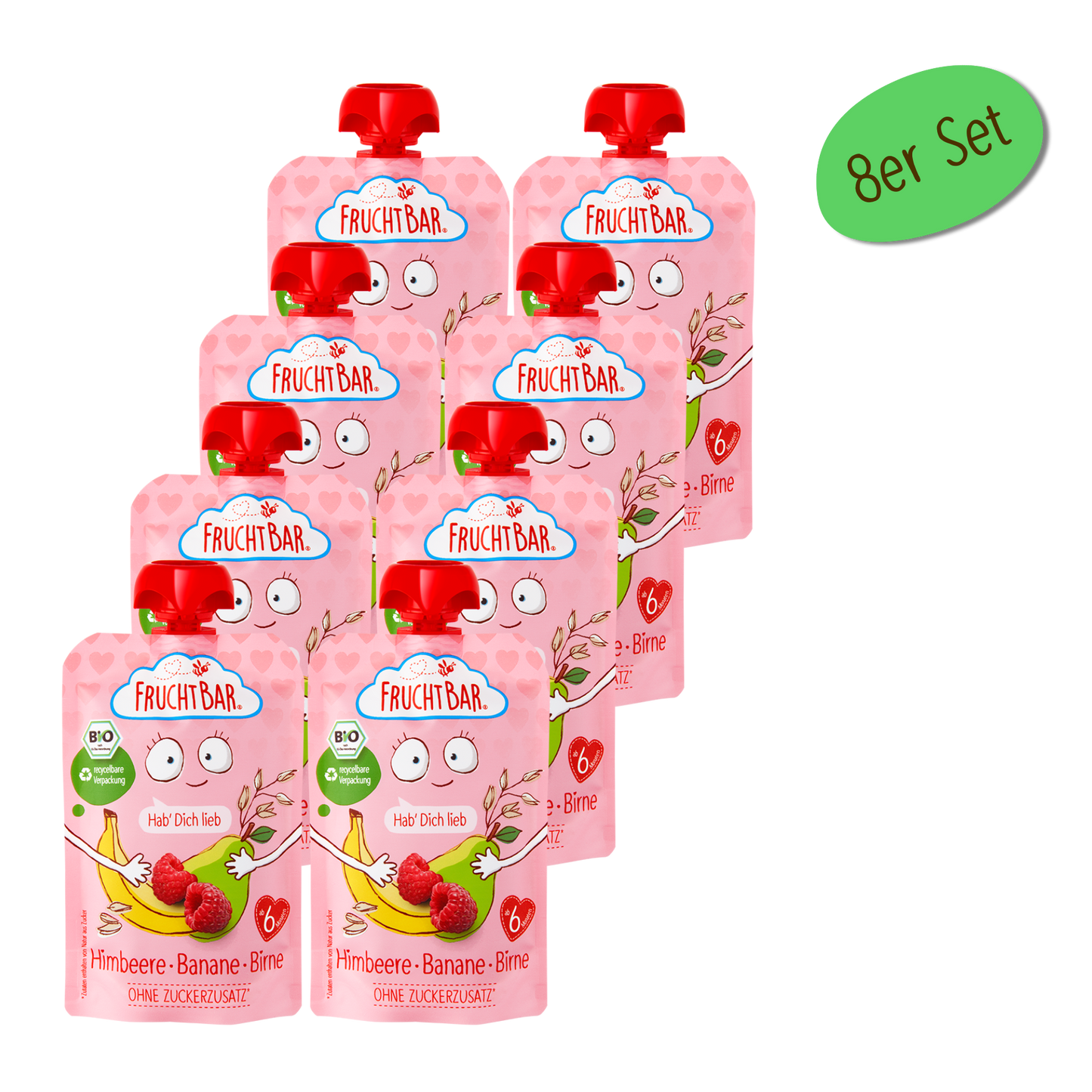 Bio Quetschie Hab Dich lieb - Himbeere, Banane, Birne - FruchtBar - 8er Vorratspack - Vorderseite