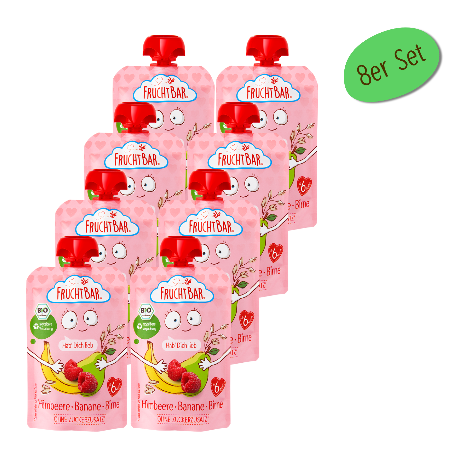 Bio Quetschie Hab Dich lieb - Himbeere, Banane, Birne - FruchtBar - 8er Vorratspack - Vorderseite