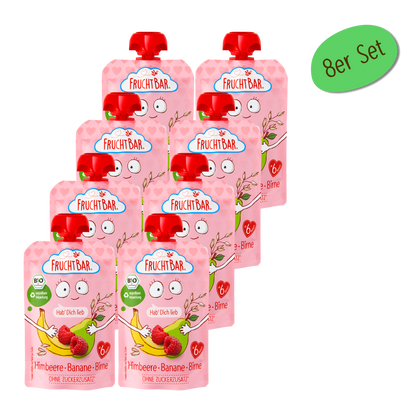 Bio Quetschie Hab Dich lieb - Himbeere, Banane, Birne - FruchtBar - 8er Vorratspack - Vorderseite