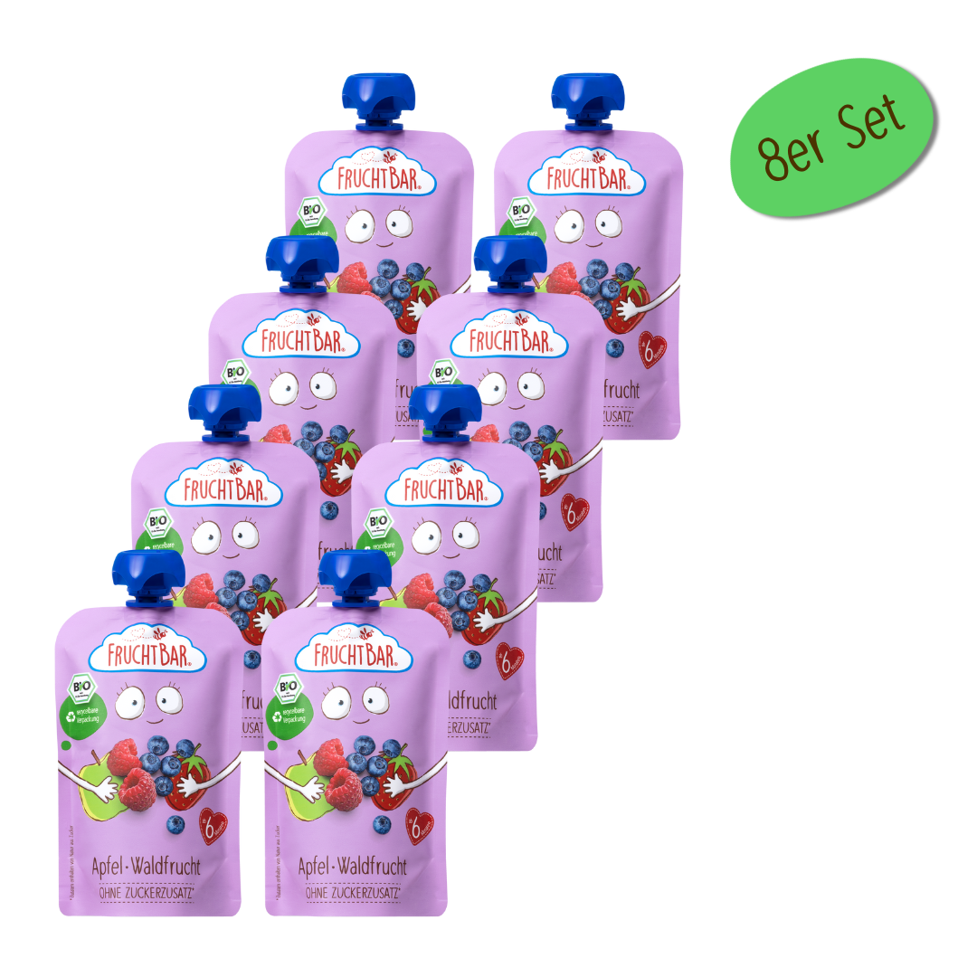 Bio Quetschie Apfel, Waldfrucht - FruchtBar - 8er Vorratspack - Vorderseite