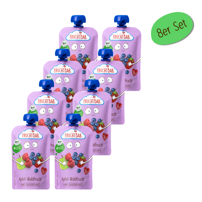 Bio Quetschie Apfel, Waldfrucht - FruchtBar - 8er Vorratspack - Vorderseite
