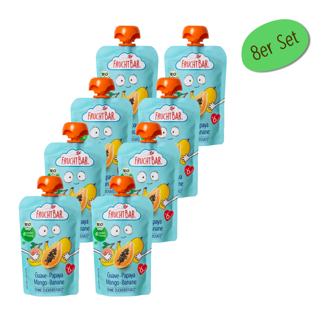 Bio Quetschie Guave, Papaya, Mango, Banane - FruchtBar - 8er Vorratspack - Vorderseite