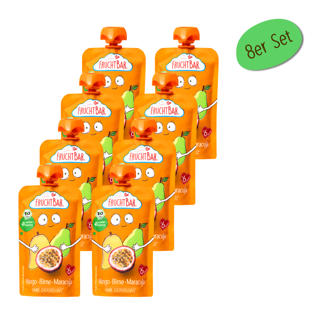 Bio Quetschie Mango, Birne, Maracuja, 120g - FruchtBar - 8er Vorratspack - Vorderseite