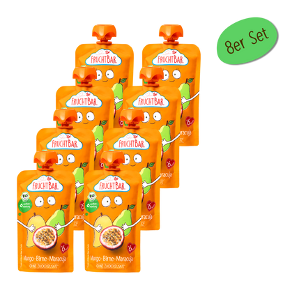 Bio Quetschie Mango, Birne, Maracuja, 120g - FruchtBar - 8er Vorratspack - Vorderseite
