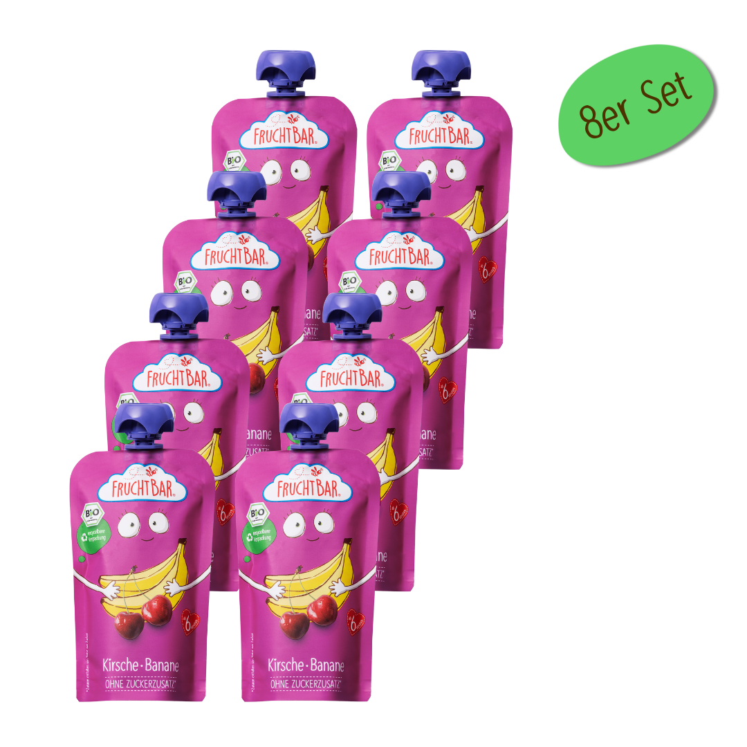 Bio Quetschie Himbeere, Heidelbeere, Traube, Banane, Apfel, Hafer - FruchtBar - 8er Vorratspack - Vorderseite
