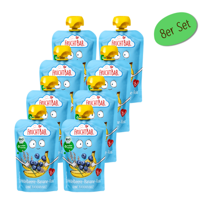 Bio Quetschie Heidelbeere, Banane, Reis - FruchtBar - 8er Vorratspack - Vorderseite