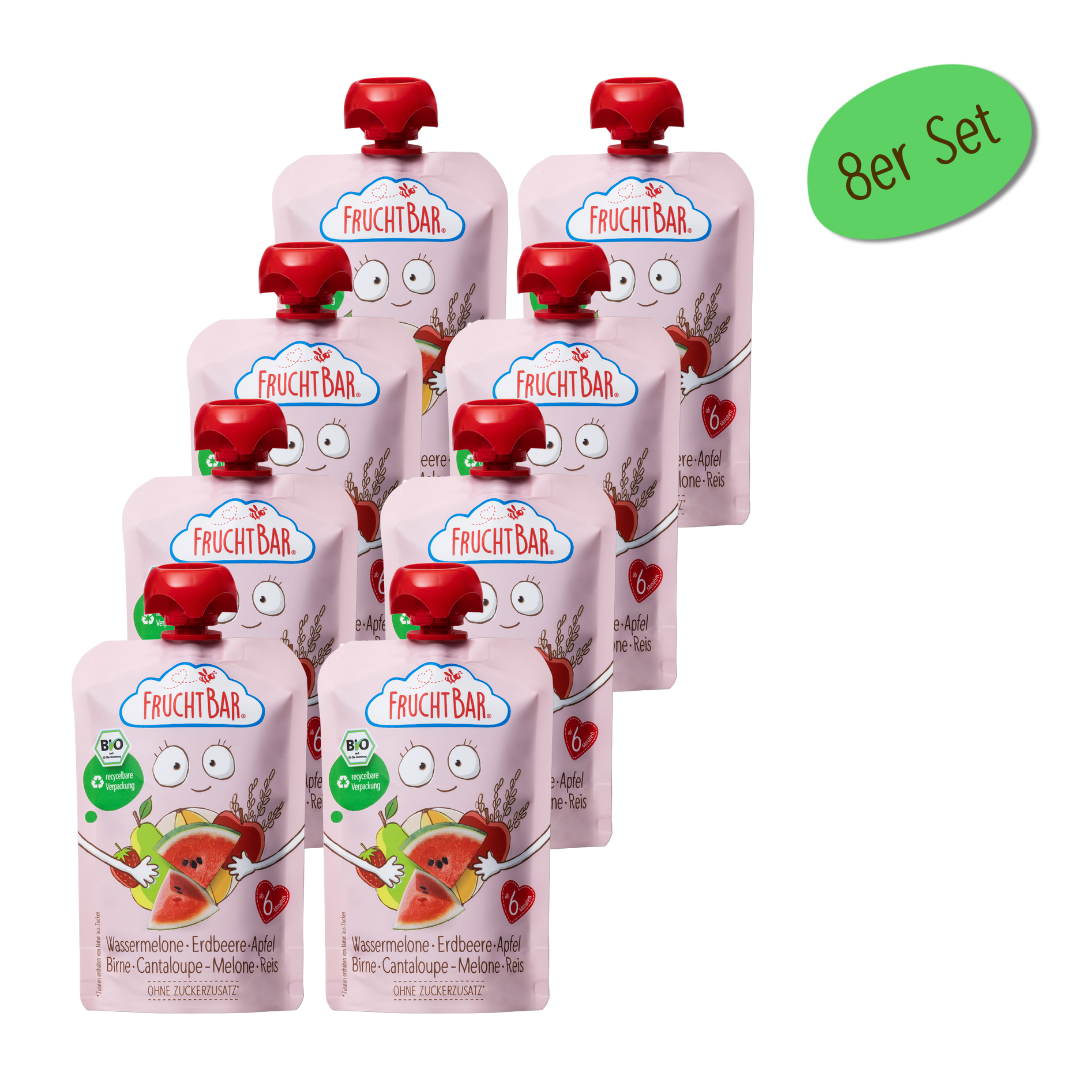 Bio Quetschie Wassermelone, Erdbeere, Apfel, Birne, Cantaloupe-Melone, Reis - FruchtBar - 8er Vorratspack - Vorderseite