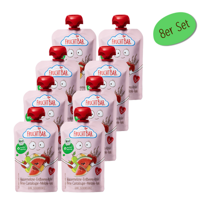 Bio Quetschie Wassermelone, Erdbeere, Apfel, Birne, Cantaloupe-Melone, Reis - FruchtBar - 8er Vorratspack - Vorderseite