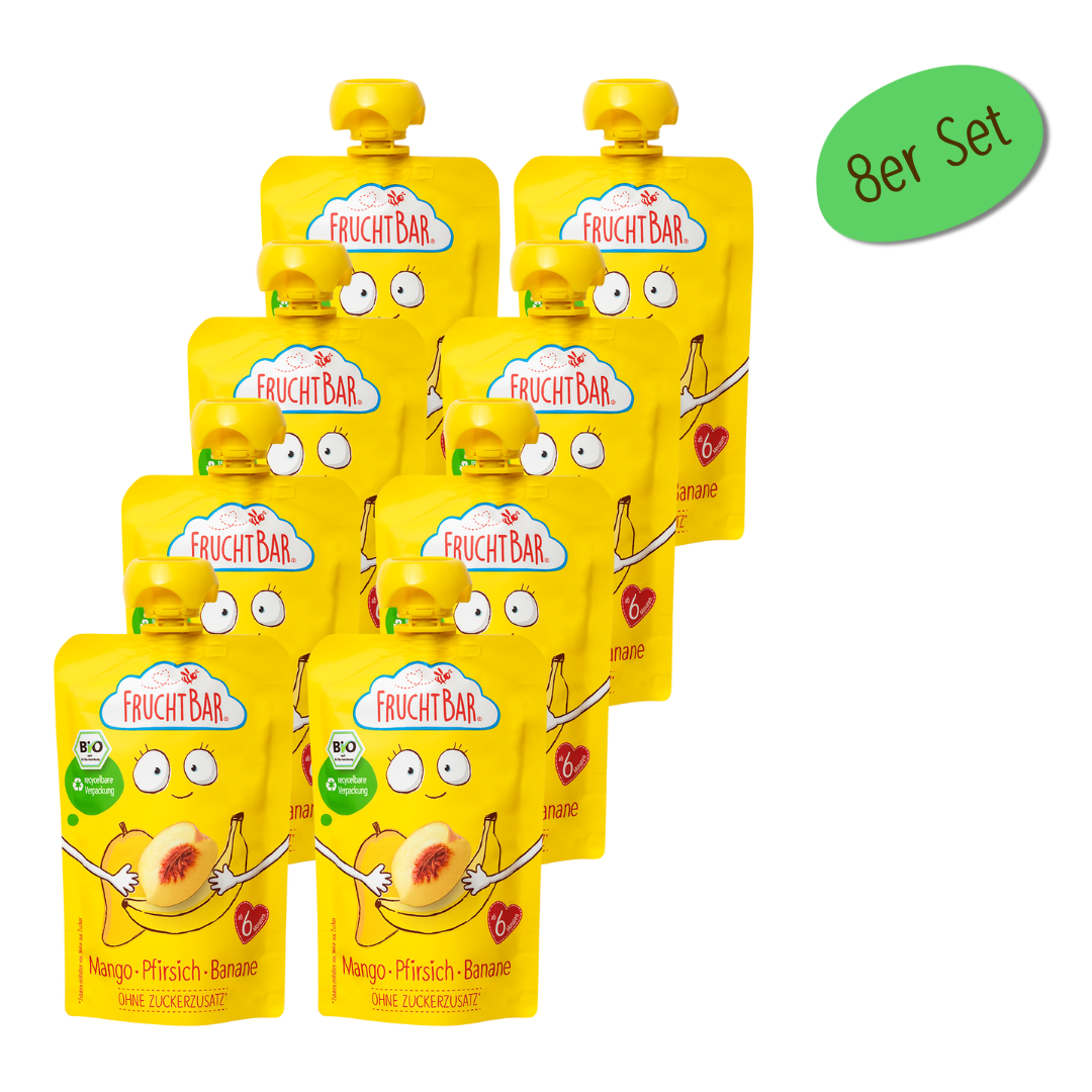Bio Quetschie Mango, Pfirsich, Banane - FruchtBar - 8er Vorratspack - Vorderseite
