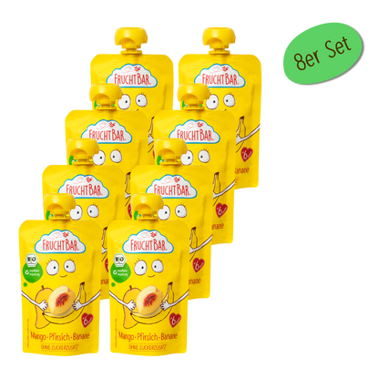 Bio Quetschie Mango, Pfirsich, Banane - FruchtBar - 8er Vorratspack - Vorderseite