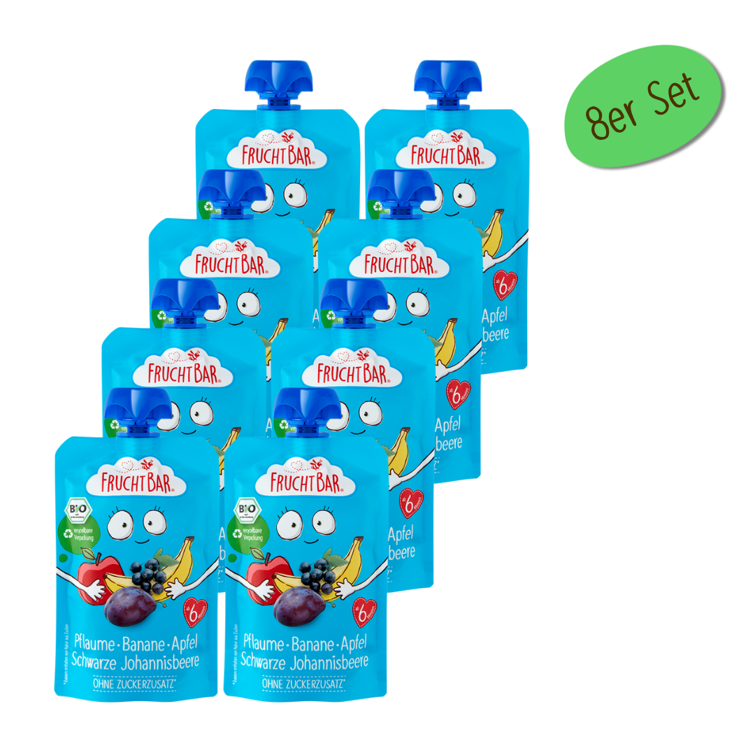 Bio Quetschie Pflaume, Banane, Apfel, Schwarze Johannisbeere - FruchtBar - 8er Vorratspack - Vorderseite