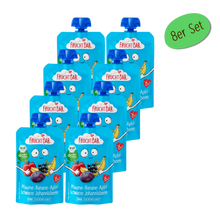 Bio Quetschie Pflaume, Banane, Apfel, Schwarze Johannisbeere - FruchtBar - 8er Vorratspack - Vorderseite