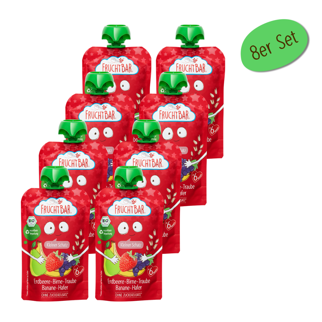 Bio Quetschie Kleiner Schatz - Erdbeere, Birne, Traube, Banane, Hafer - FruchtBar - 8er Vorratspack - Vorderseite